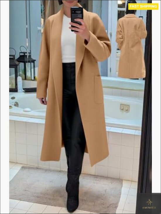 Classic Pea Coat Open Front Lapel Long Trench Loose Fit Winter Outwear - Picture 2 of 7